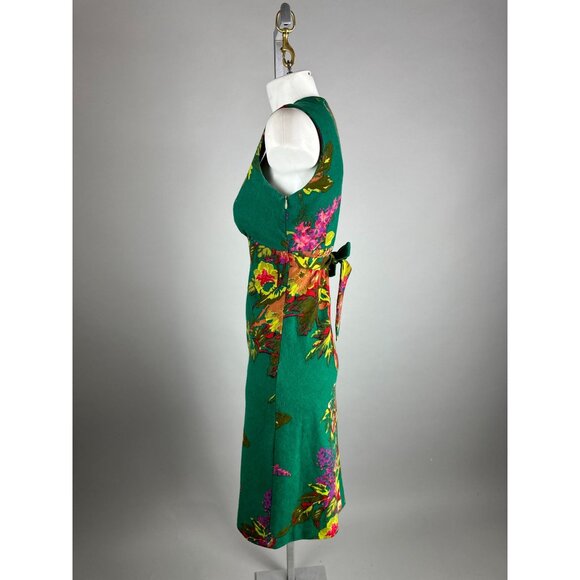 Vtg 90s Paul & Joe Wool Dress Green Belt Floral Sheath V-Neck Womens Size Medium - Picture 3 of 6
